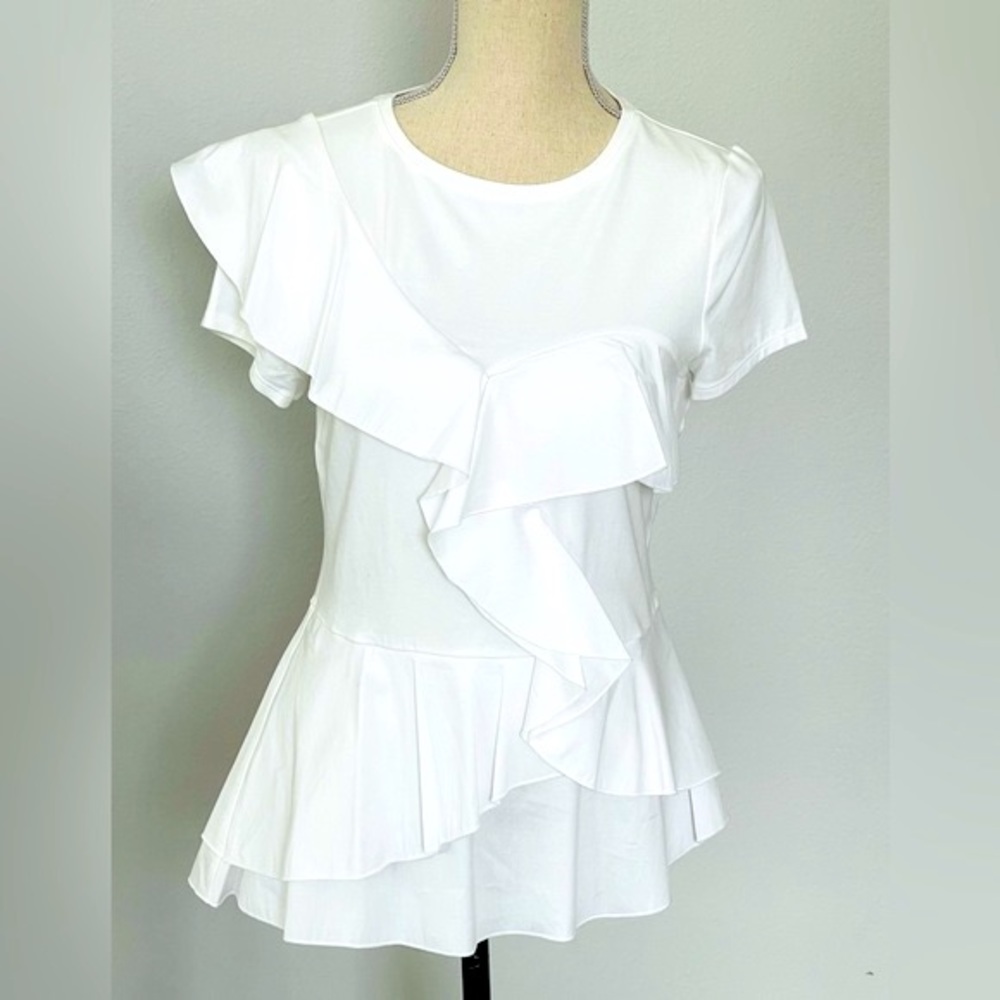 NWT WHITE HOUSE BLACK MARKET WHBM WHITE PARTY RUFFLE TEE WOVEN PEPLUM TOP